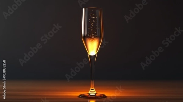 Fototapeta A glass of champagne is sitting on a table with a dark background