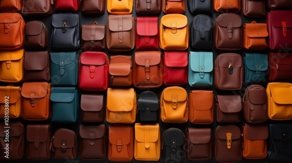 Fototapeta A pattern of school colourful backpacks. Top view.