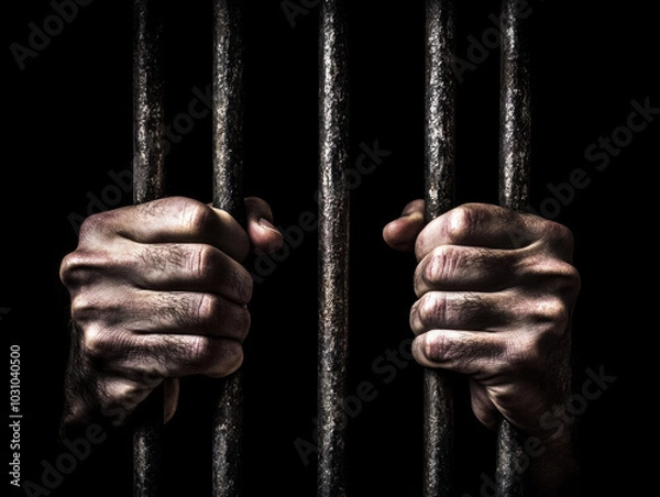 Obraz Capturing the essence of despair as hands grip iron bars in a dimly lit prison cell