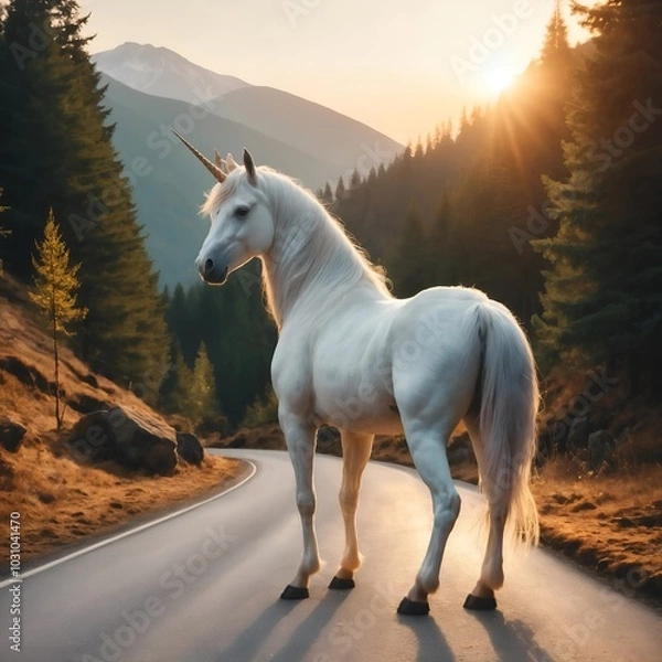 Obraz Majestic white unicorn standing on winding mountain road during sunset in lush forest