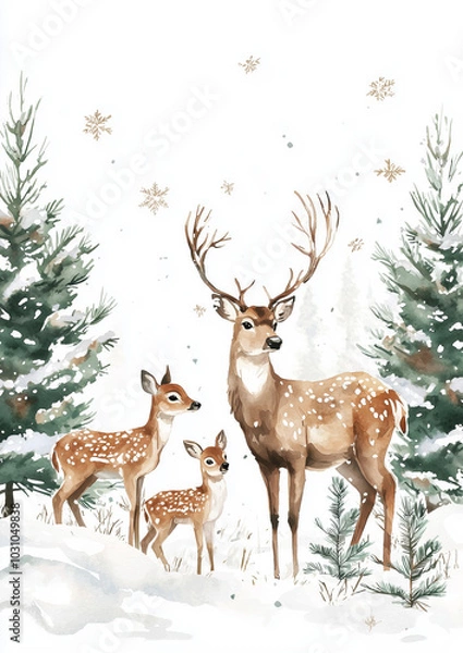 Fototapeta Watercolor illustration of a deer family in the snow with pine trees and falling snowflakes, pastel colors, Christmas theme, card or postcard
