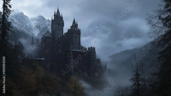 Fototapeta A majestic castle stands tall on a hilltop amidst a misty forest, shrouded in fog, with snow-capped mountains in the background.