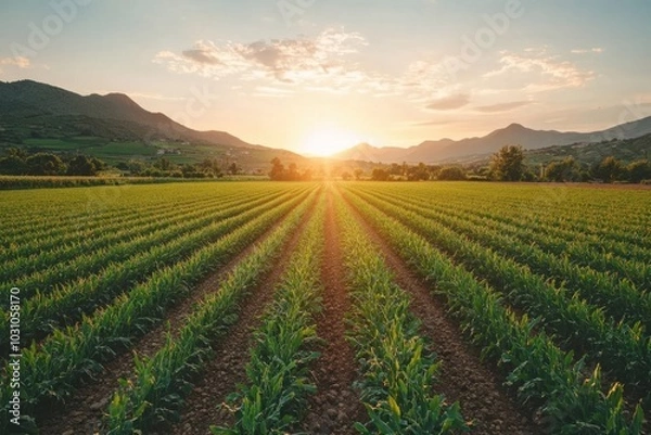 Fototapeta Sunset over a lush green field with rows of crops and distant mountains in the background at twilight