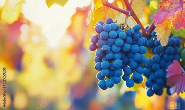Obraz A detailed close-up of ripe grapes hanging on a vine with colorful leaves showcases the rich, vibrant colors and textures typical of a fruitful vineyard ready for harvest
