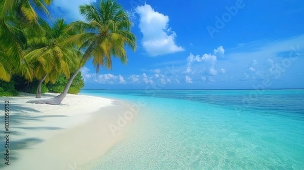 Fototapeta A beautiful beach with palm trees and a clear blue ocean