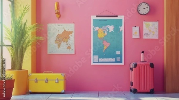 Fototapeta A pink room with a yellow suitcase and a red suitcase on the floor with world maps hanging on the wall and a clock.