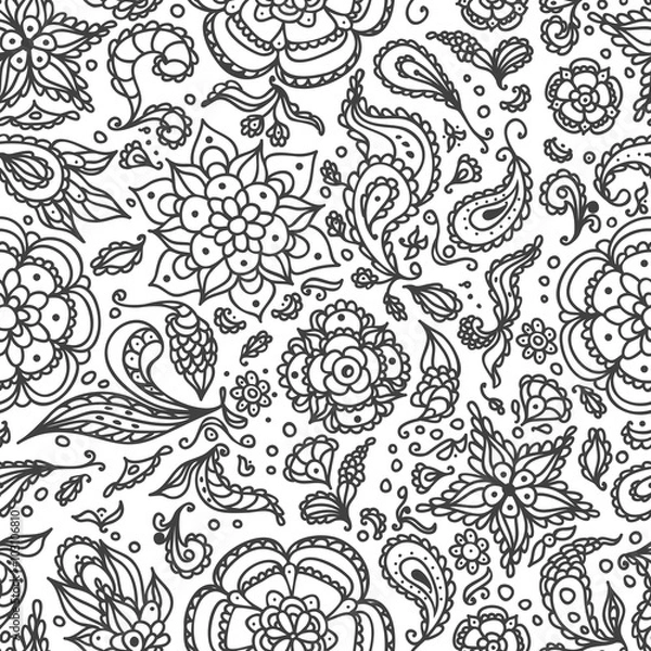 Fototapeta Seamless abstract floral pattern with flowers, petals, leaves, seeds, plants  in black white for coloring page or for relax coloring book