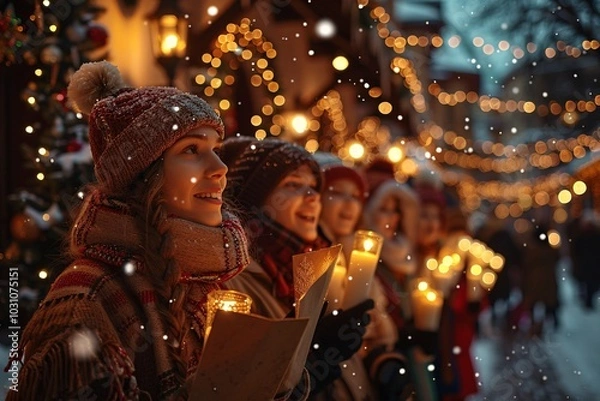 Fototapeta A group of cheerful carolers stands in a snowy village, holding candles and singing together. The atmosphere is festive, adorned with sparkling lights and a gentle snowfall.