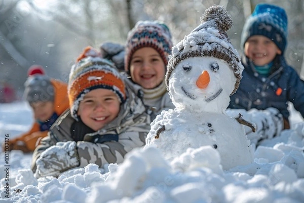 Fototapeta A group of cheerful children enjoy a snowy day outdoors, building a snowman with a carrot nose while laughing and having fun in a winter landscape.
