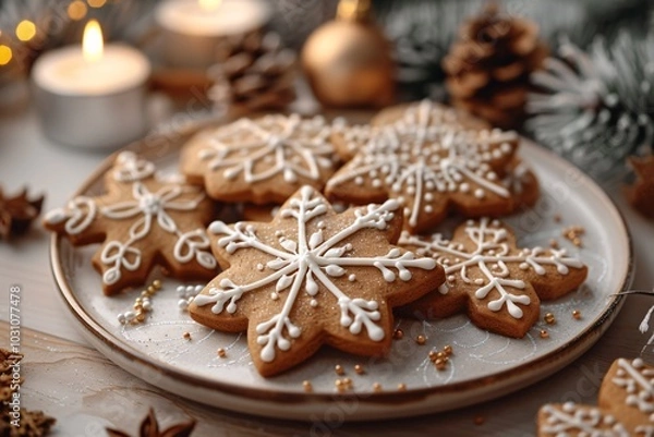 Fototapeta A plate of beautifully decorated snowflake-shaped cookies adorned with white icing sits on a festive table. Surrounding the cookies are candles and pinecones, creating a warm holiday atmosphere.