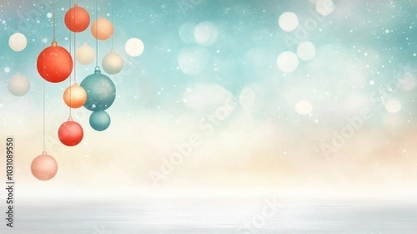 Fototapeta Banner festive holiday background with hanging ornaments and soft bokeh lights with copy space