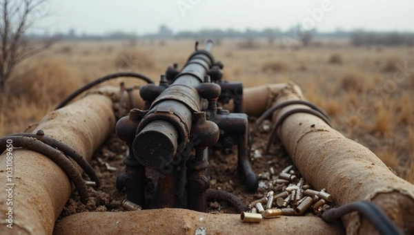 Obraz Rusty machine gun nest with empty shells and bullets in barren field