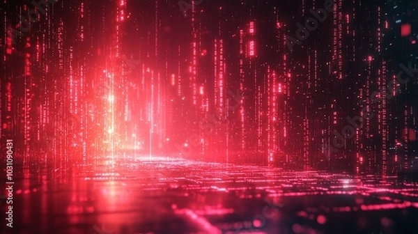 Fototapeta A digital landscape with glowing red binary data, creating a futuristic atmosphere.