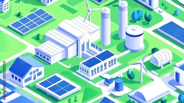 Fototapeta A colorful illustration of a sustainable energy community featuring solar panels, wind turbines, and eco-friendly buildings.