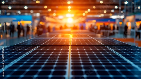 Fototapeta A Futuristic Display of Innovative Solar Panel Technology, Highlighting Different Types and Designs in a Tech Expo Setting.