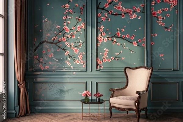 Fototapeta Elegant living room featuring floral wall art, a teal sofa, and a wooden coffee table in a bright space with natural light, creating a cozy and inviting atmosphere