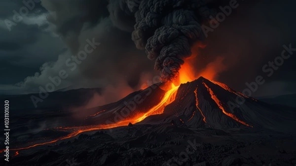 Fototapeta A volcano erupts with a fiery red glow and black smoke filling the sky.