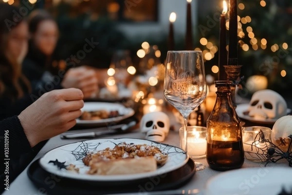 Fototapeta A creepy Halloween dining setup with black candles, skulls, and spider web motifs, creating a chilling yet stylish atmosphere for an unforgettable feast.
