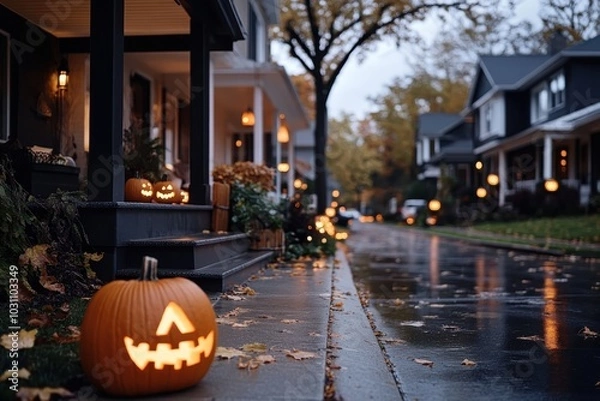 Fototapeta A suburban street features glowing Halloween jack-o'-lanterns while light rains create reflections on the road, enhancing the street's serene and festive atmosphere.