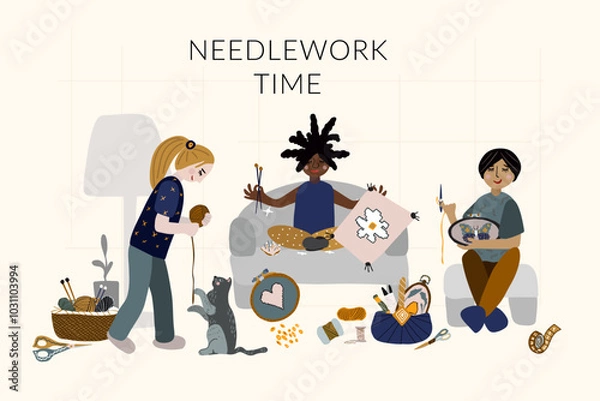 Obraz Group girls cat making needlework vector artwork