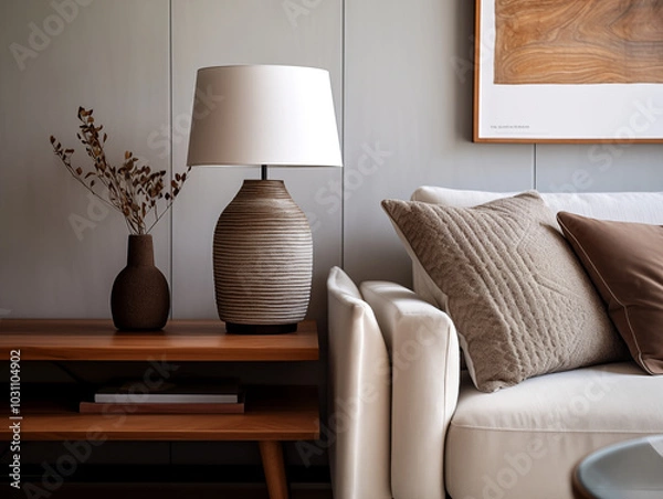 Fototapeta Modern minimalist interior closeup of textured lampshade in neutral color. Statement lighting. Rustic and ambient lighting.
