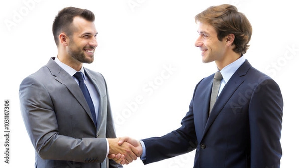 Obraz Two men in suits shaking hands on isolated on transparent or white background..