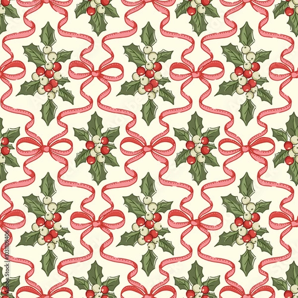 Obraz Retro Christmas pattern with holly berries, decorative bows. Nostalgic winter seamless vector design with traditional blend of festive elements, perfect for holiday gift wrap, textiles, prints.