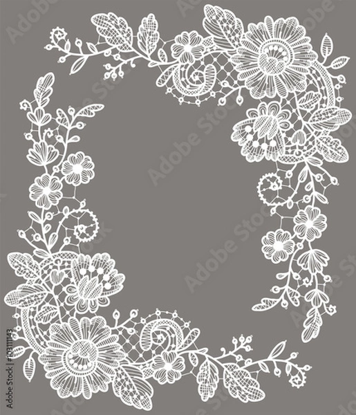 Obraz Card. White Lace Corners. Floral Pattern. Gray Background.