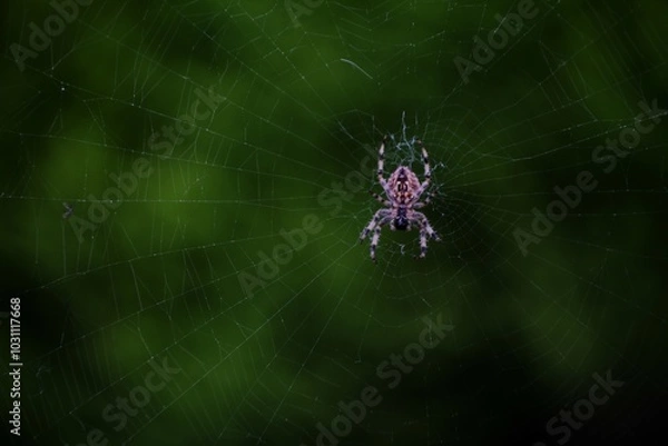 Obraz This photograph was taken on 2nd October 2024 on the street in north Yorkshire, England. This spider was chilling in the centre of its web between two lampposts.