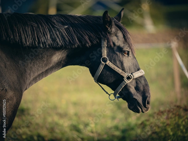 Fototapeta Czarny koń na łące.