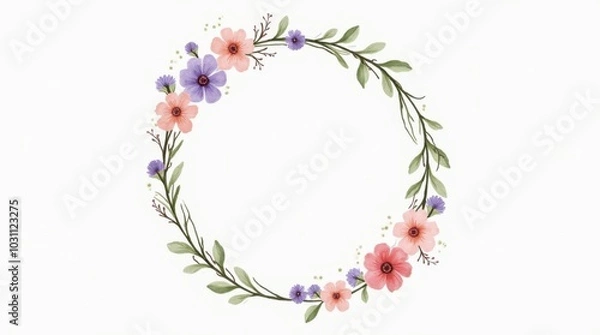 Fototapeta A circular frame adorned with delicate hand-drawn flowers and vines gently wrapping around its edges.