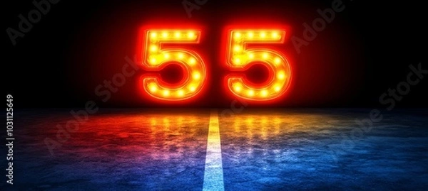 Fototapeta Illuminated Retro Number 55 On Concrete Floor With Reflection And Split Tone Red And Blue Lighting