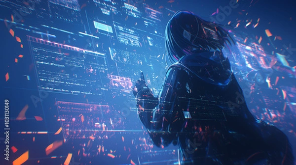 Fototapeta This image shows a figure manipulating a holographic coding interface in a virtual reality setting, emphasizing advanced technology and data interaction