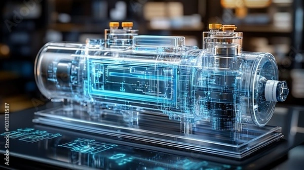 Fototapeta A close-up of a hydrogen fuel cell stack with energy flow diagrams overlaying the image, showing its functionality in powering devices.