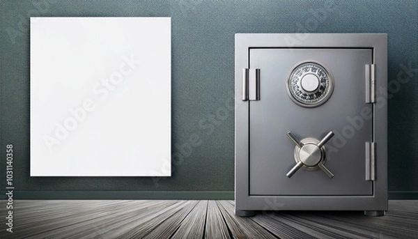 Fototapeta Metal safe with a combination lock and blank poster on the wall. Generative AI