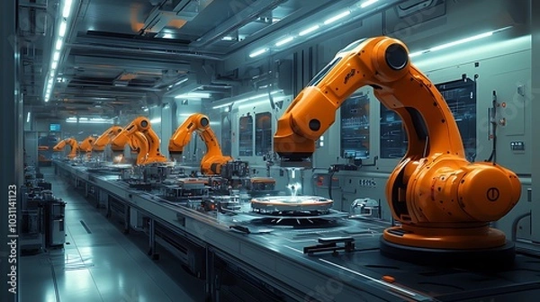 Fototapeta A row of industrial robots working on an assembly line in a futuristic factory setting.