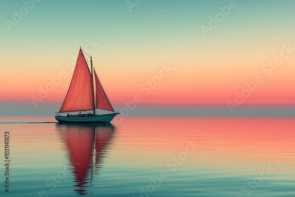 Fototapeta A Transformative Teal sailboat glides gracefully across calm waters at sunset, capturing the essence of serene evening adventures
