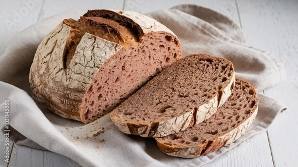 Fototapeta Loaf of a sourdough rye bread on a linen towel. Seen from above. Homemade bread. Healthy food. White wooden background. Top view. Copy space.