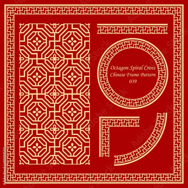 Fototapeta Vintage Chinese Frame Pattern Set 039 Octagon Spiral Cross Flowe