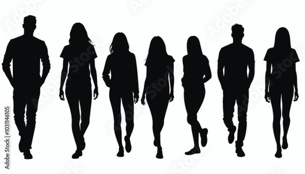 Fototapeta Silhouettes of five women and two men walking confidently in a row against a white background, projecting a sense of unity and purpose.