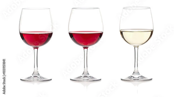 Fototapeta Elegant Collection of Red and White Wine Glasses on a White Background Generative AI