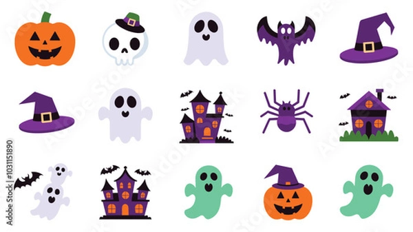Fototapeta Colorful Halloween icons featuring pumpkins, ghosts, bats, witches' hats, and haunted houses create a spooky and festive atmosphere.