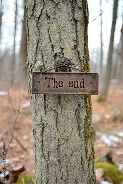 Fototapeta The End Sign on Tree Symbolic Representation of Finality, Conclusion, or Journeys End