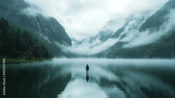 Fototapeta A man stands in the water, looking out over a lake. The sky is cloudy and the water is calm. The scene is peaceful and serene, with the man being the only person in the image