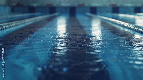Fototapeta Vacant swimming pool featuring competition lanes for fitness and underwater activities, designed for cardio training and performance workouts
