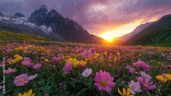 Fototapeta A vibrant field of wildflowers blooms at sunset in a mountain valley.