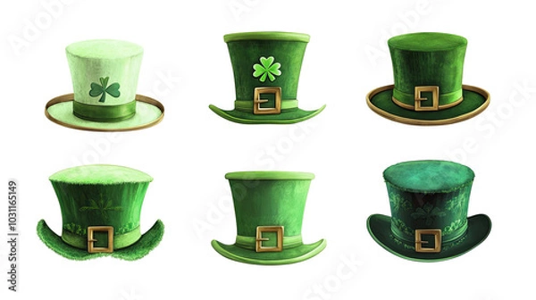 Fototapeta Collection of Green St. Patrick's Day Top Hats on a White Background Generative AI