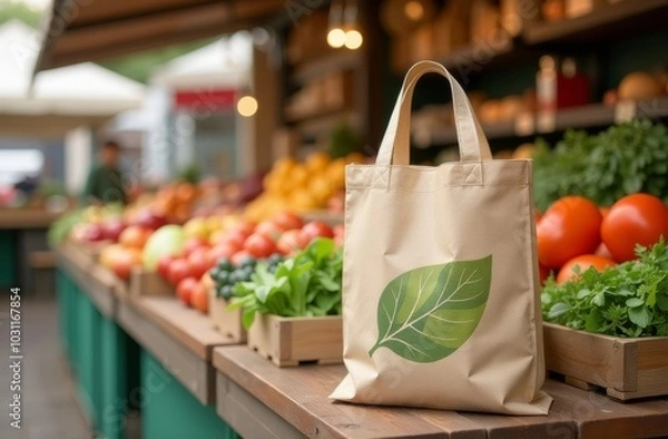 Fototapeta A canvas bag rests on a wooden table at a vibrant farmers market filled with fresh produce in the early afternoon light