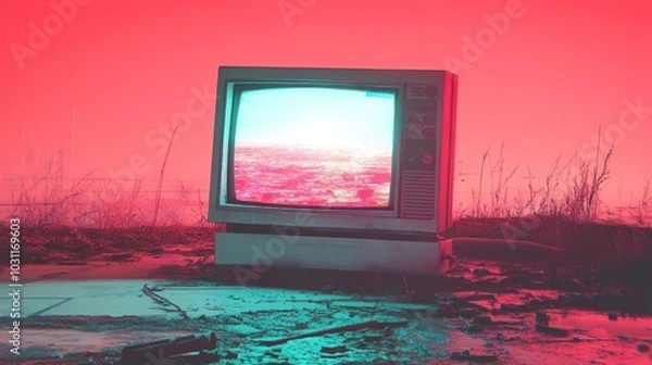 Fototapeta A vintage television set sits on a dusty, abandoned landscape, with a static screen displaying a blurry image. The image is bathed in a vibrant, pink and blue neon light.