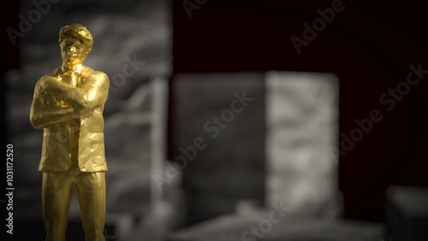 Fototapeta The gold business man stand on cube stone on black background  3d rendering.